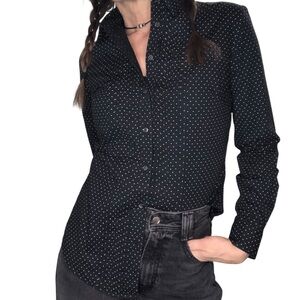 Banana Republic Tailored Fit Button Up Shirt Womens Sz 4 black Polka Dot Classic